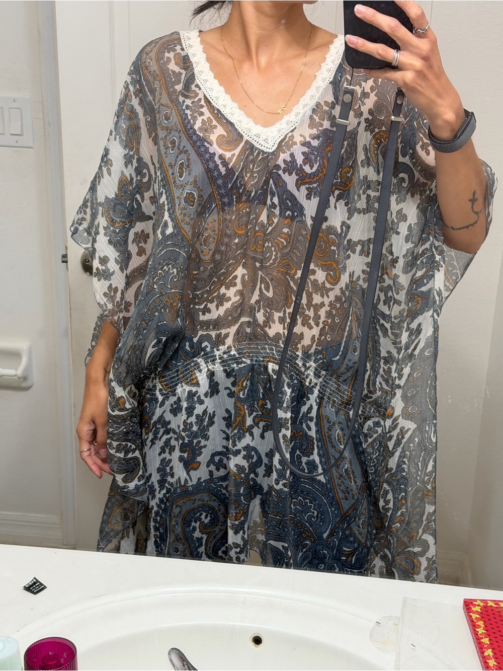 Boho Paisley Chiffon Kaftan Top Lace Trim Oversized Sheer Tunic One Size